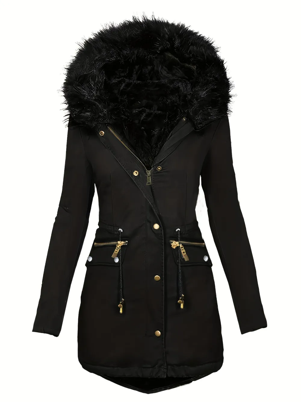 Stylish Faux Fur Trim Parka Coat - Women's Clothing - Zip-Up Thermal Overcoat with Button Front Pockets, Drawstring Hood, and Soft Faux Fur Lining for Winter Warmth