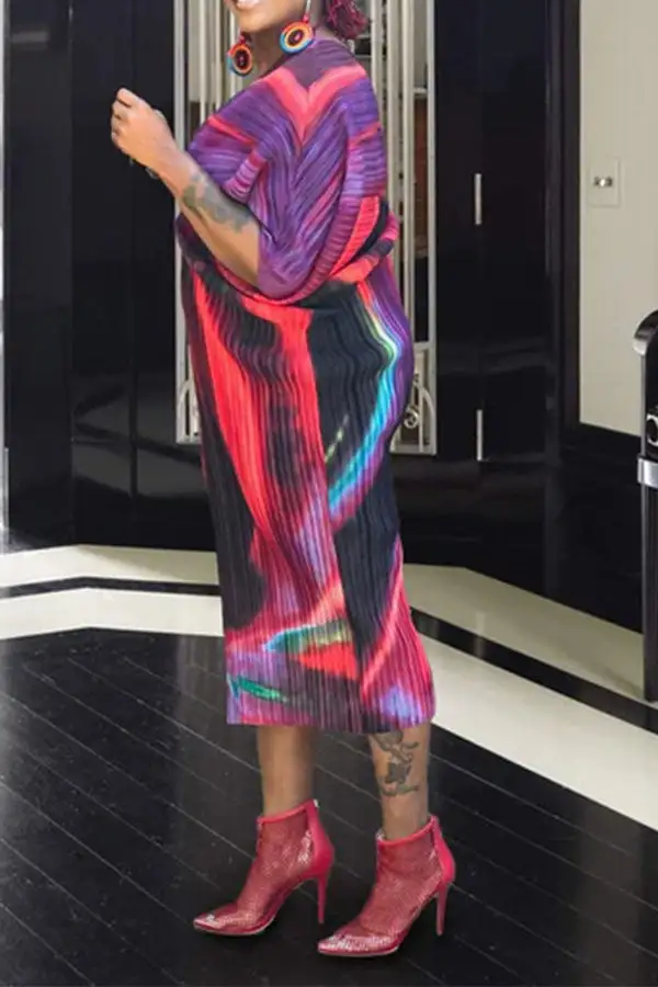 Abstract Print Stylish Batwing Sleeve Midi Dress