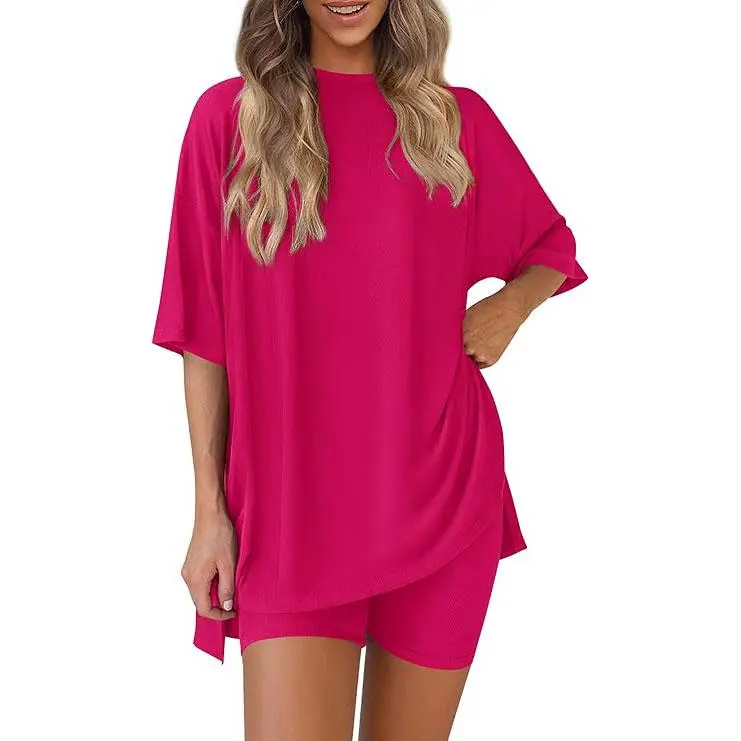 Women’s Oversized Lounge Set-Breathable Crewneck Top & Pocket Shorts