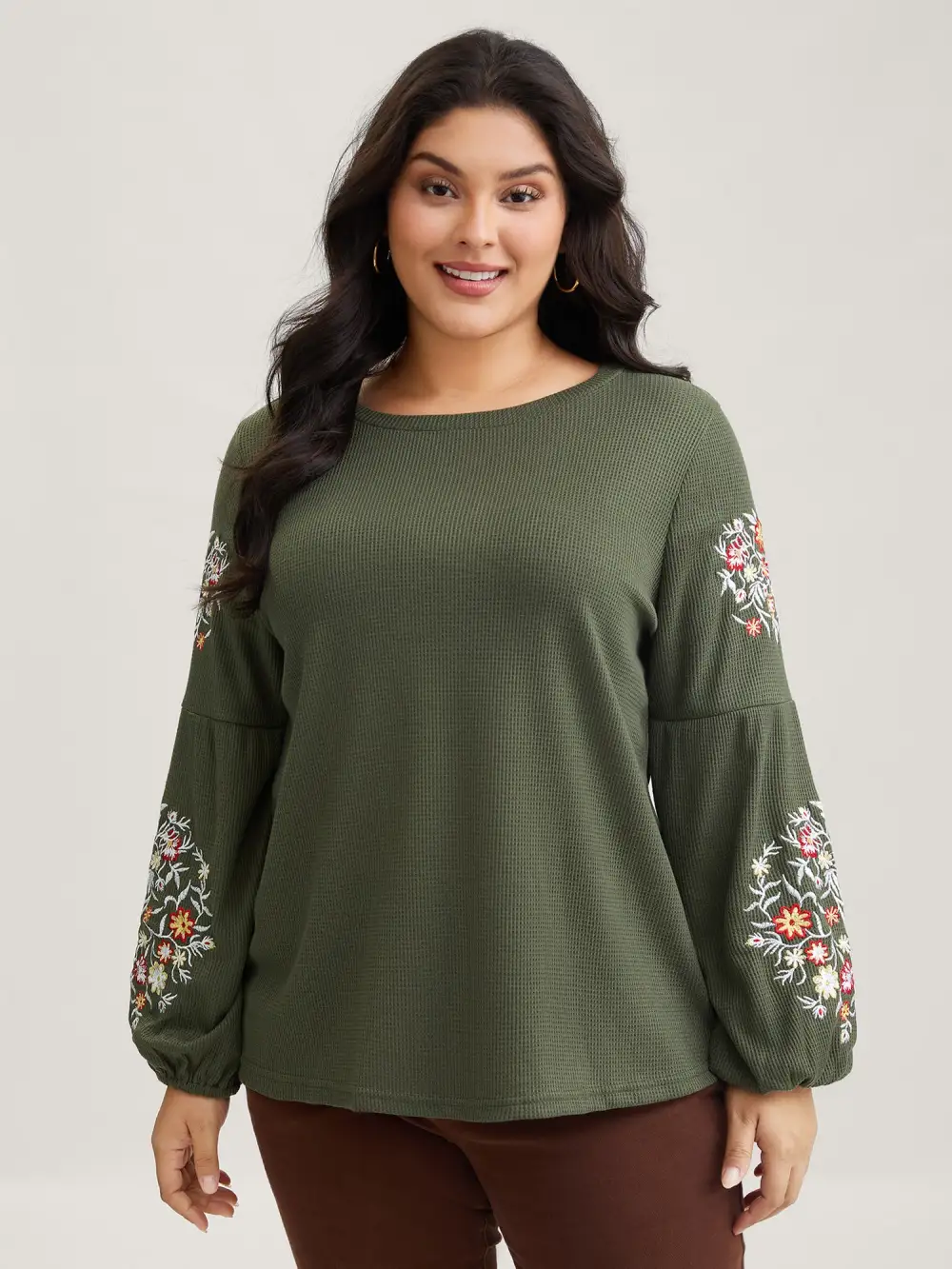 Waffle Knit Floral Embroidered Lantern Sleeve T-shirt