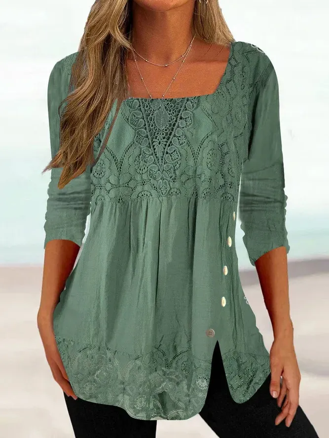 Round Neck Casual Loose Lace Stitching Long-sleeved Blouse