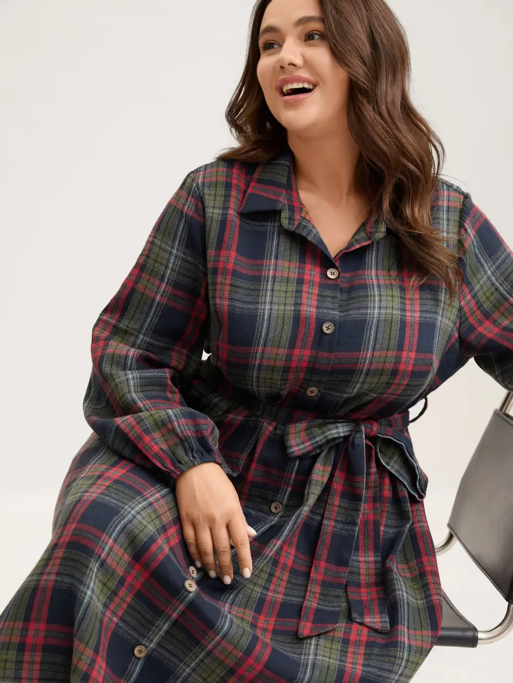 Plaid Button Detail Pocket Belted Arc Hem Dress