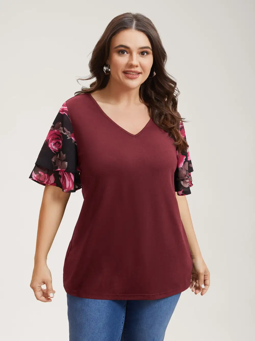 Stretchy Floral Lotus Sleeve V-Neck T-Shirt