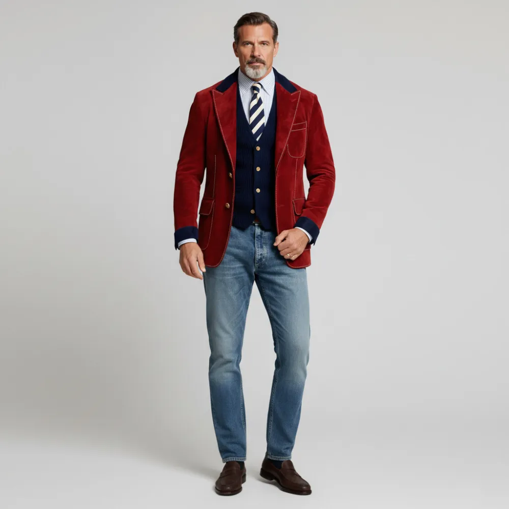 Men's Burgundy Suede Colorblock Peak Lapel Long Sleeve Two Button Pockets Blazer