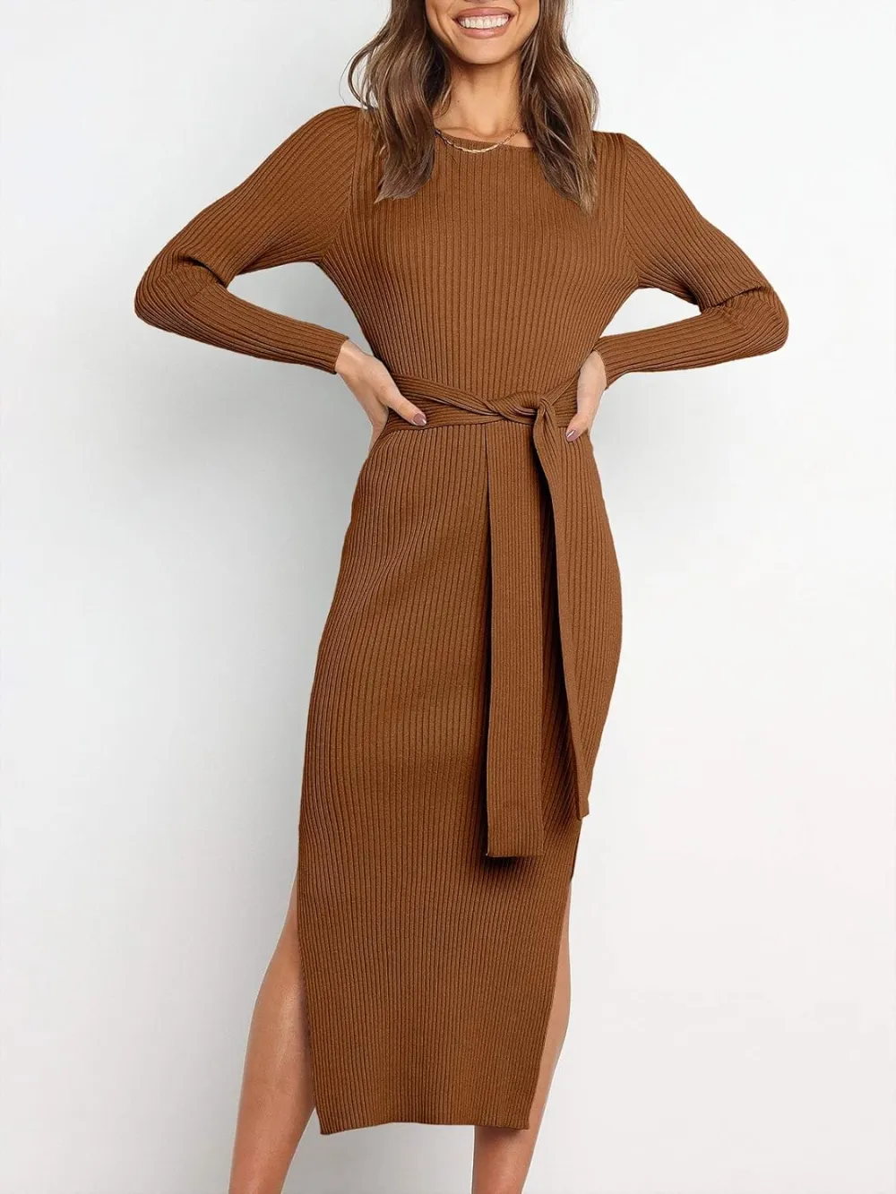 Long Sleeve Sweater Dress Crew Neck Slim Fit Slit Tie Waist 2024 Ribbed Knit Bodycon Midi Dress Fall Outfits