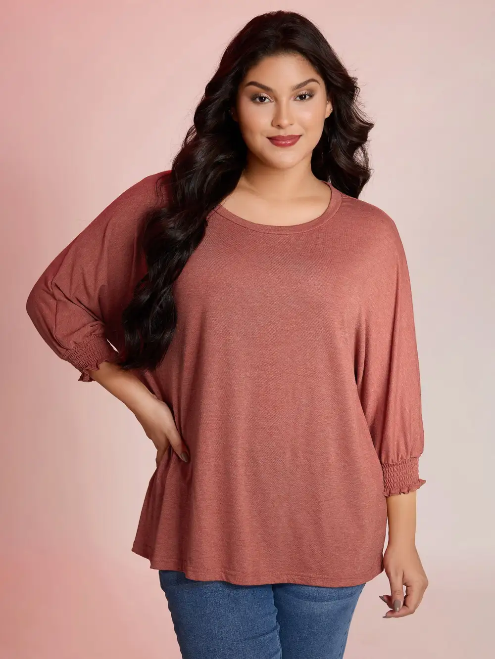 Shirred Cuff Sleeve Round Neck T-Shirt