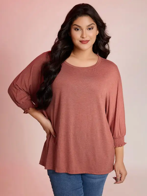 Shirred Cuff Sleeve Round Neck T-Shirt