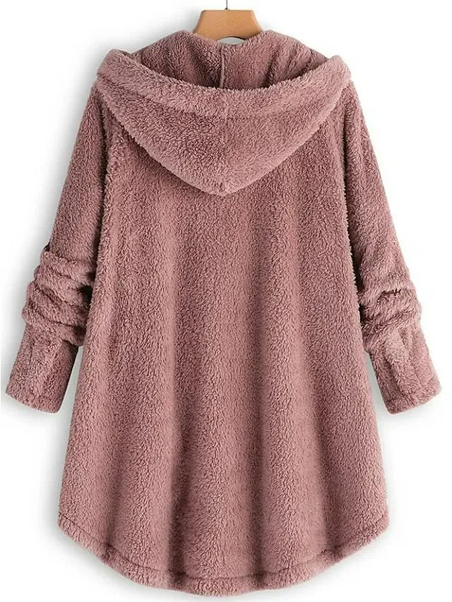 Women's Sherpa Jacket Fleece Teddy Coat Warm Heated Jacket Windproof Hooded Coat with Pocket Pink Minimalism Sweet Loose Fit Outerwear Long Winter Coat