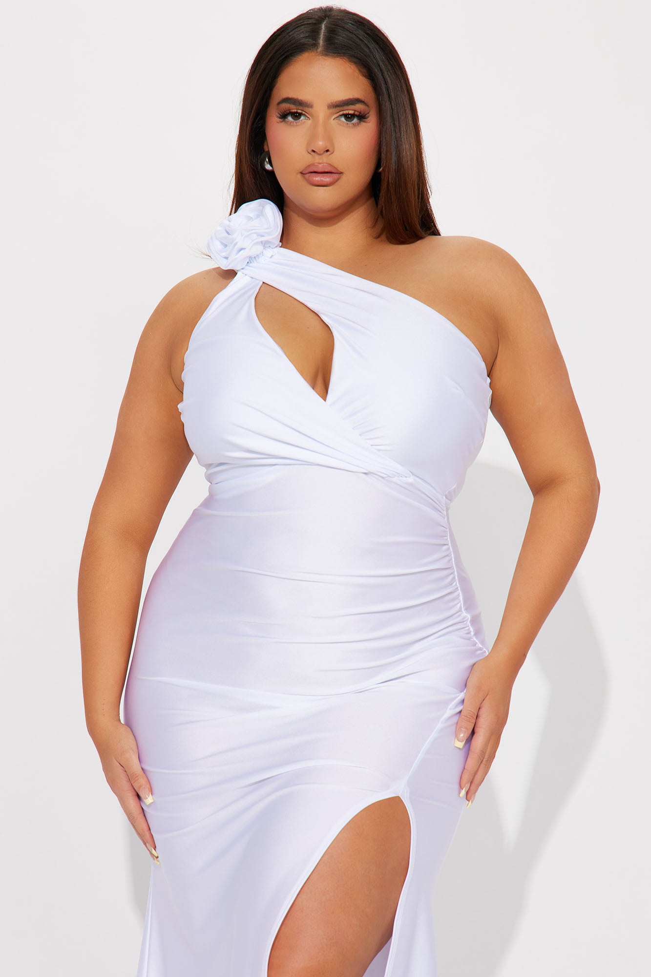 Rosette One Shoulder Gown - White