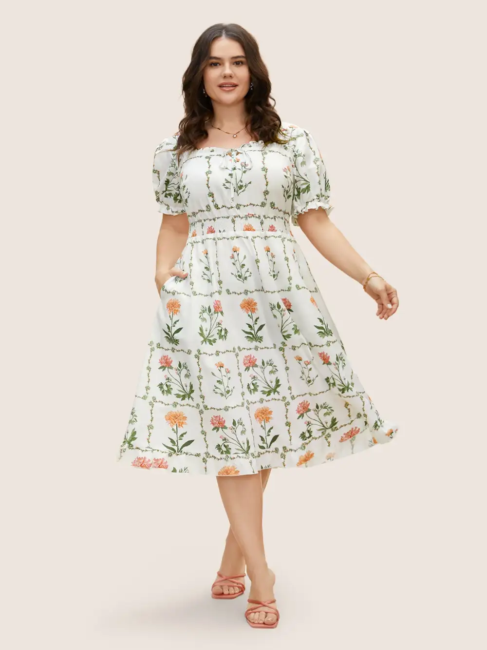 Boho Print Tie Knot Shirred Lantern Sleeve Dress
