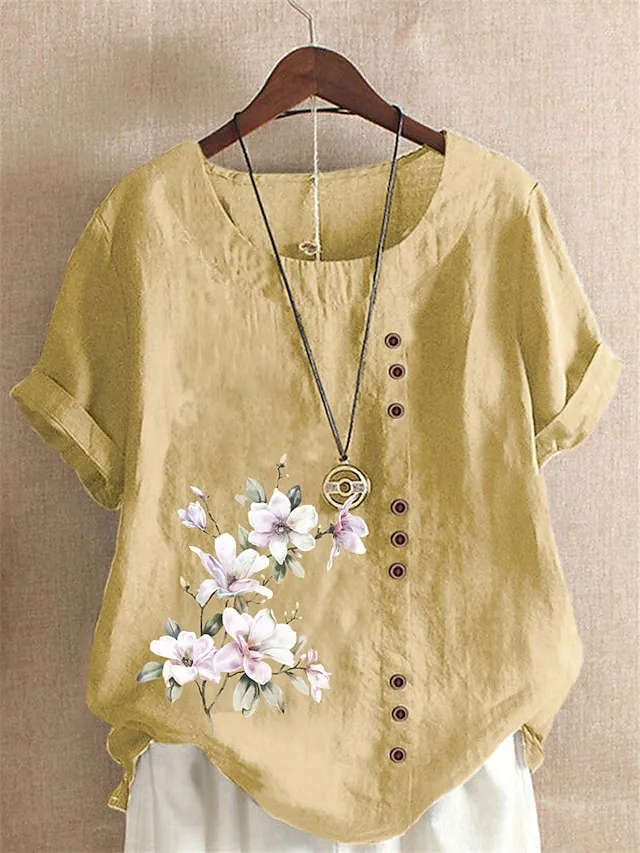 Women's Shirt Linen Shirt Blouse Cotton Linen Floral Button Print Daily Vintage Basic Holiday Short Sleeve Crew Neck White Summer Spring