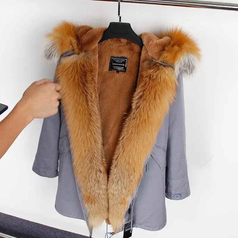 Women's Parka Natural Fox Fur Long Coat Artificial Fur Lining Fur