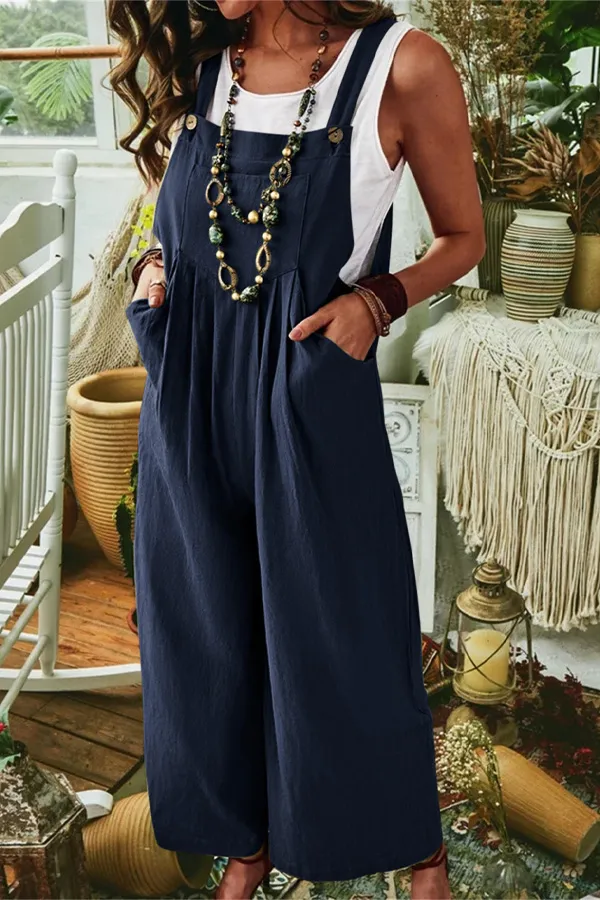 Solid Pocket Design Wide Leg Jumper Overalls