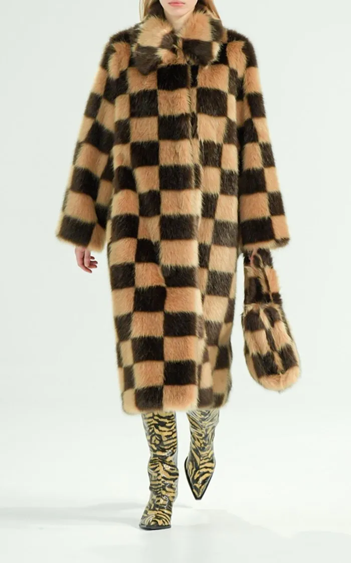 Checked Faux Fur Coat
