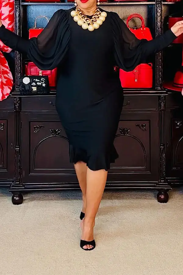  Puff Sleeve Simple Ruffle Hem Midi Dress