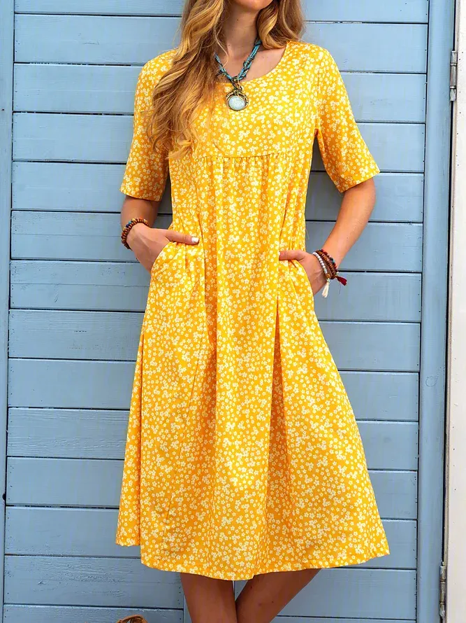 Floral Printed Crew Neck Pockets Short Sleeve Casual Midi Shirt Dress