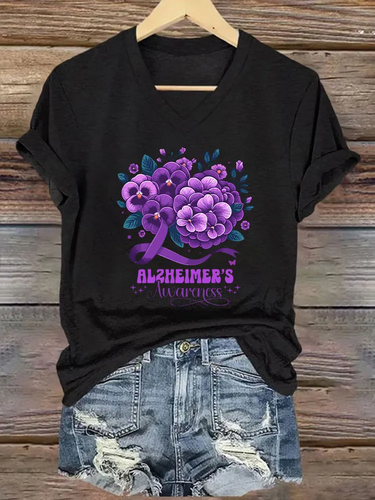 Women's Alzheimer's Print Casual V-Neck T-Shirt