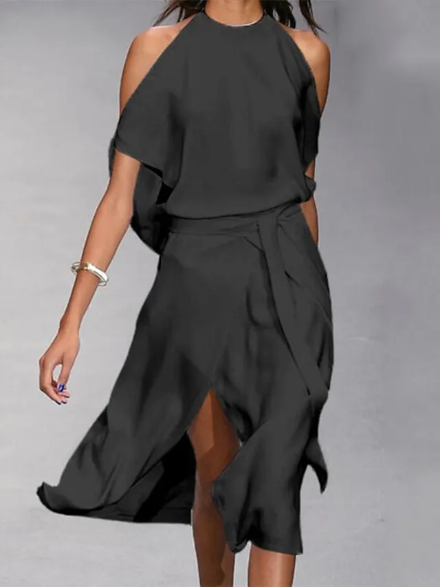 Women‘s A Line Dress Midi Dress White Black Gray Sleeveless Pure Color Split Spring Summer cold shoulder Personalized Stylish Elegant Loose 2023 S M L XL XXL