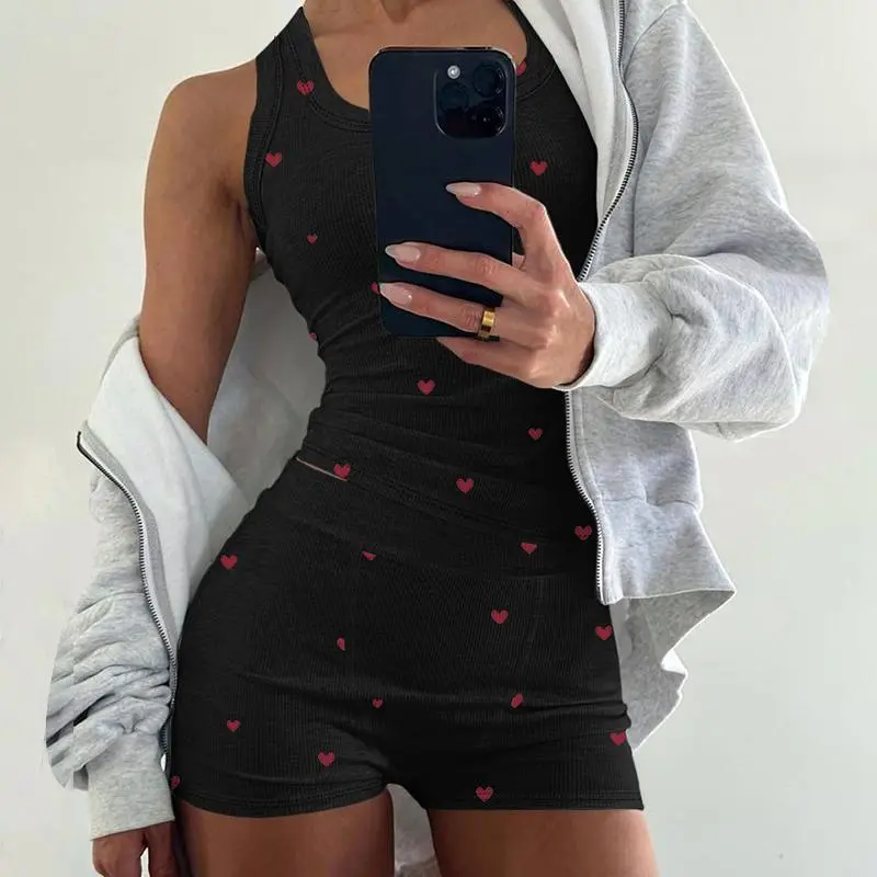Women’s Heart Print Pajama Set – Sleeveless Tank & Stretch Waist Shorts