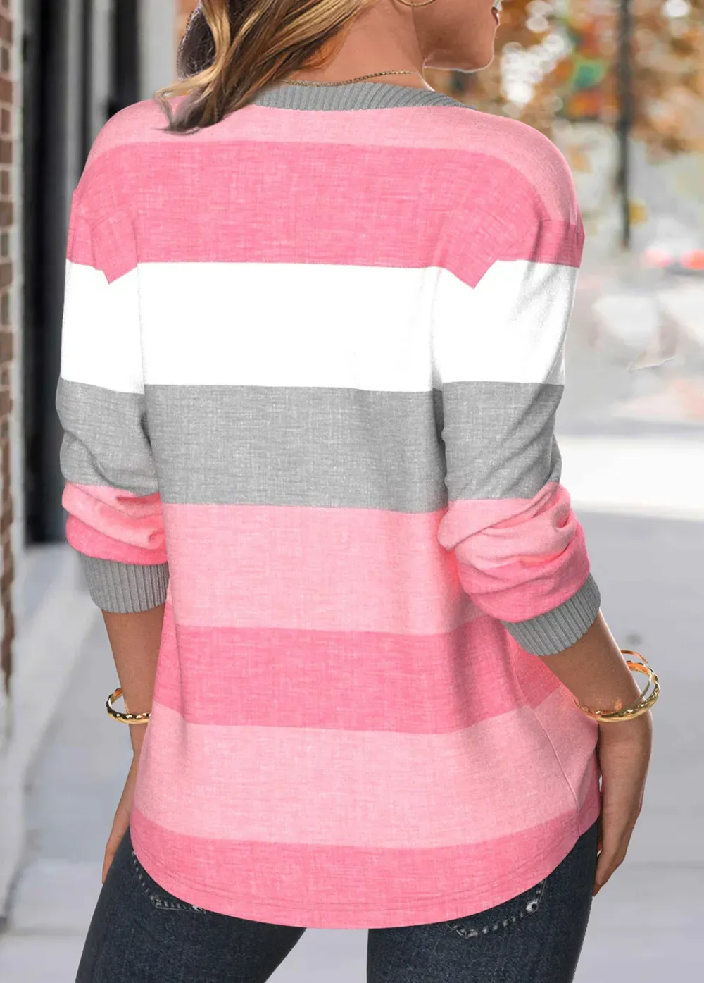 Pink Patchwork Striped Long Sleeve Split Neck Sweatshirt