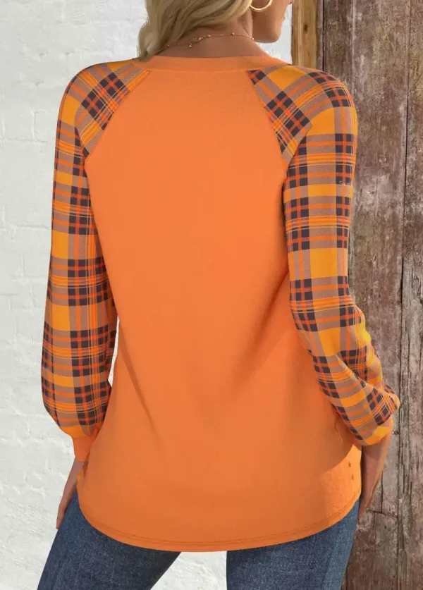 Halloween Orange Button Long Sleeve Round Neck Sweatshirt
