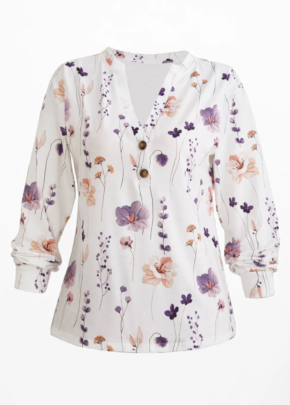 White Button Floral Print Long Sleeve T Shirt