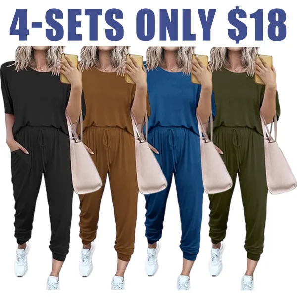 Women’s 2-Piece Summer Lounge Set, Short Sleeve Crew Neck Top & Drawstring Joggers with Pockets, Comfy Tracksuit