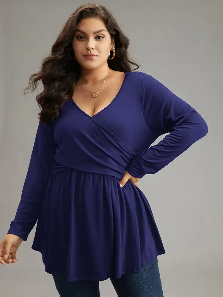 Solid Crossover V Neck Ruffle Hem T-Shirt