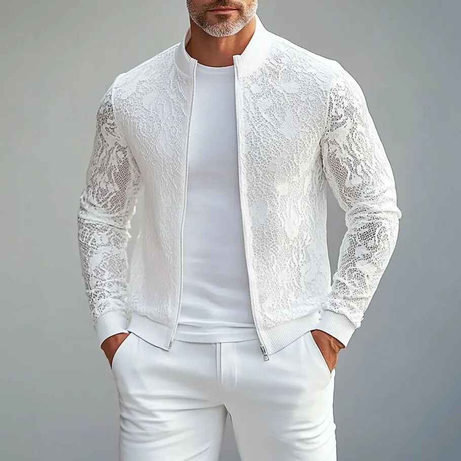 Men's Lace See-Through Stand Collar Zip Up Long Sleeve Jacket
