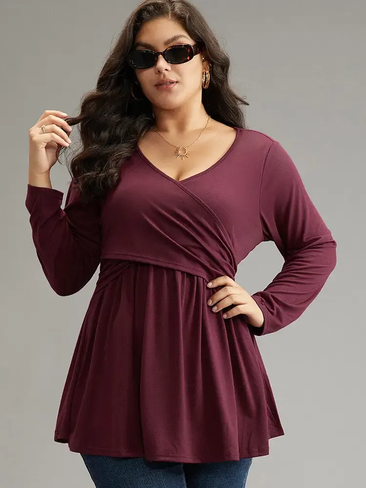 Solid Crossover V Neck Ruffle Hem T-Shirt