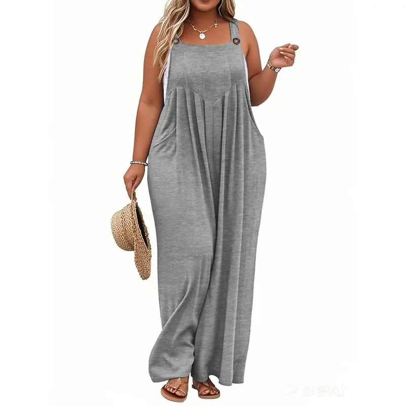 Plus Size Wide-Leg Jumpsuit with Pockets – Adjustable & Casual Fit for Summer