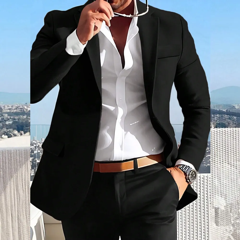 Men's Plain One Button Flap Pocket Notch Lapel Blazer
