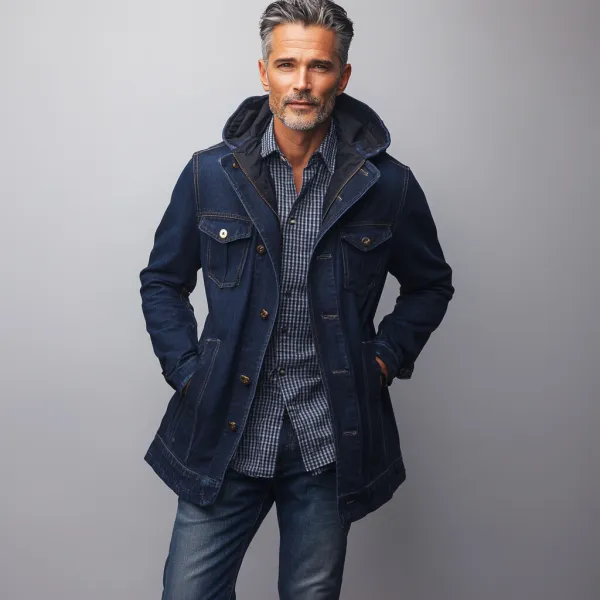 Men's Outdoor Single Breasted Pockets Denim Hooded Coat