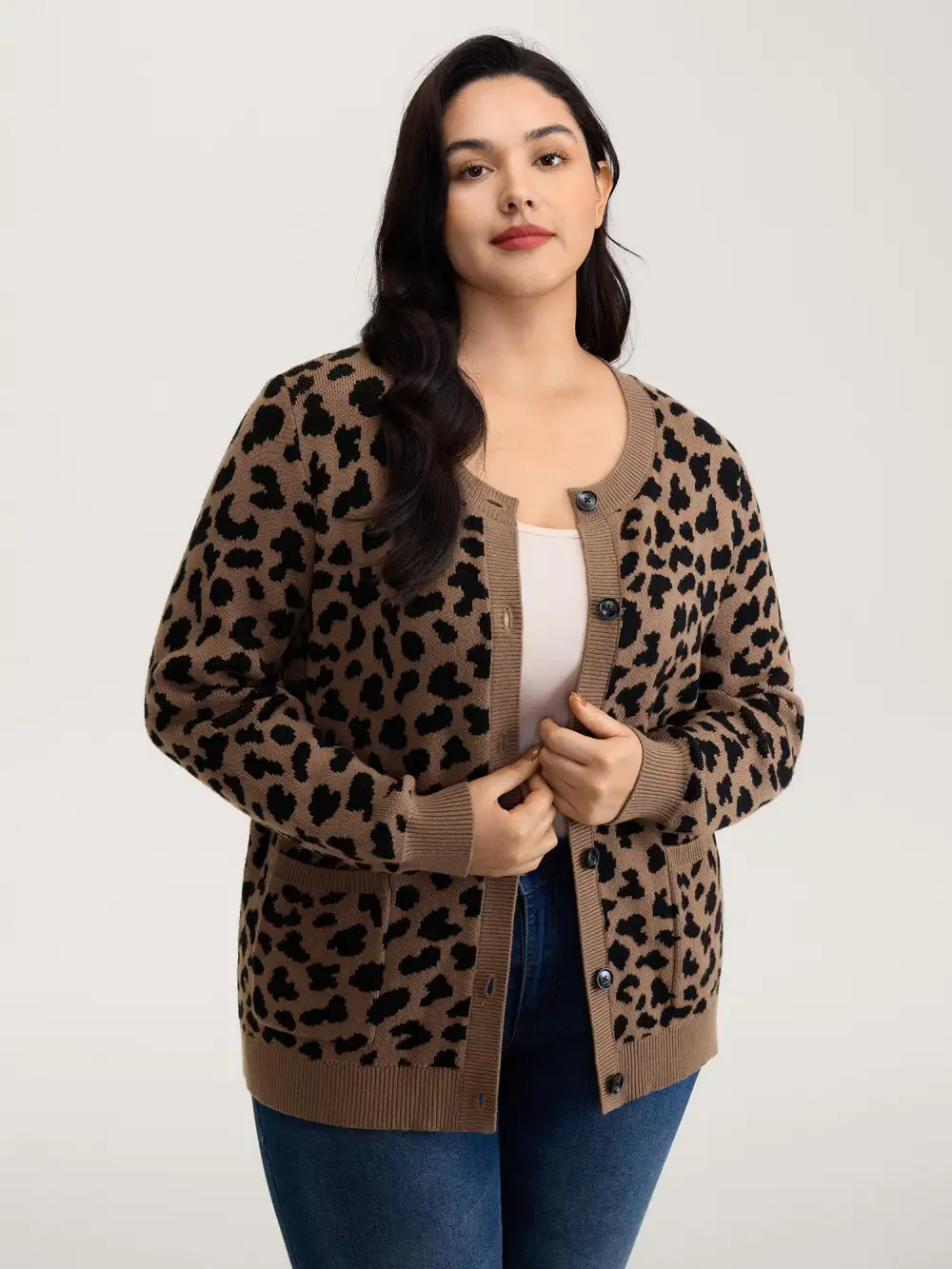 Supersoft Leopard Print Pockets Contrast Knit Cardigan