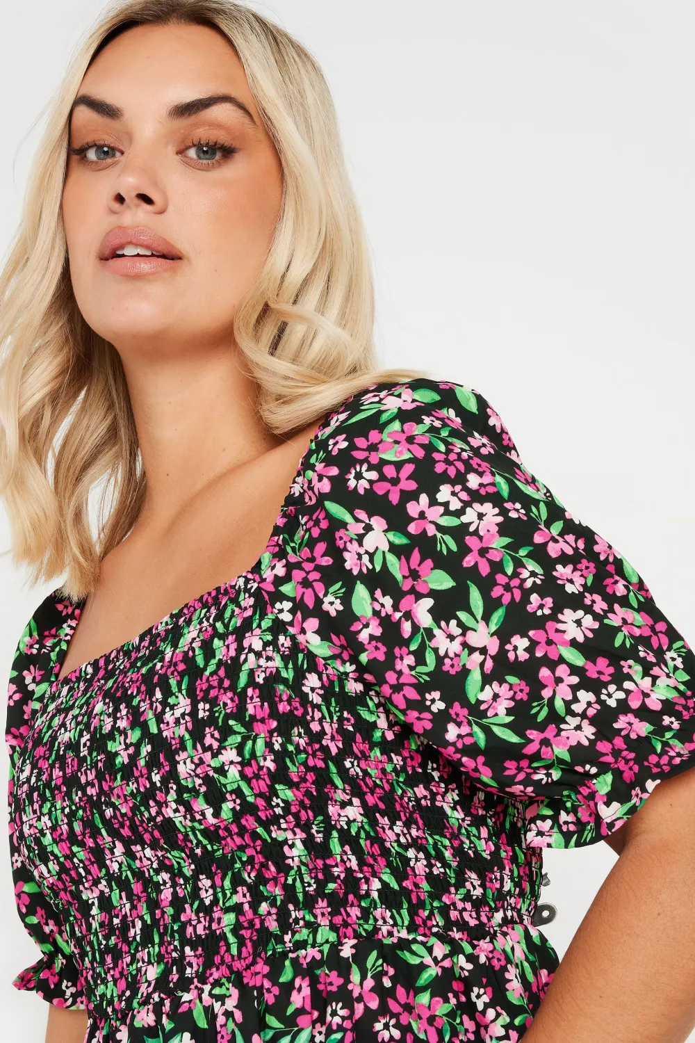 YOURS Curve Black Floral Print Shirred Midi Dress
