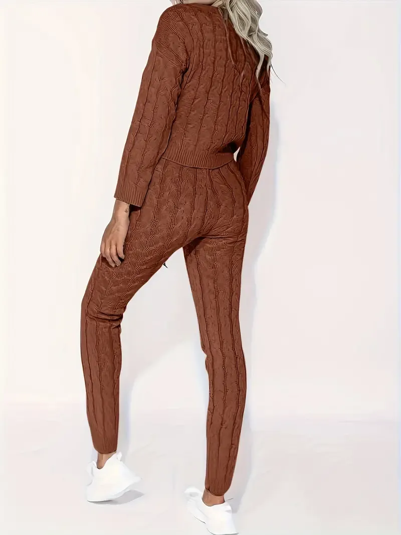 Solid Knitted Matching Two-piece Set, Casual Long Sleeve Sweater & Pants Outfits, Women's Clothing