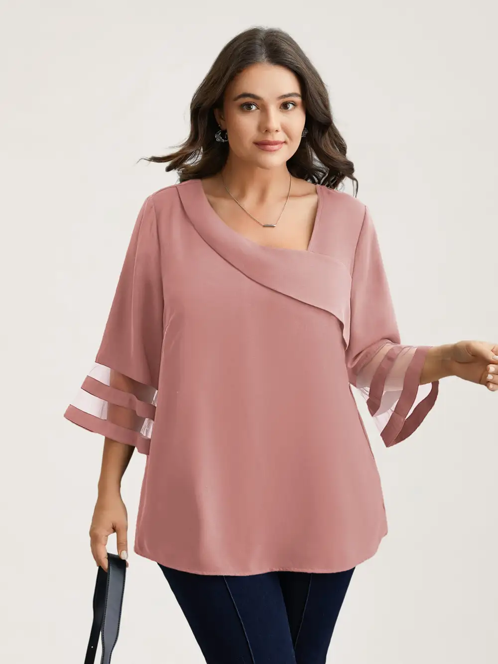 Sheer Sleeve Patchwork Asymmetrical Neckline Blouse
