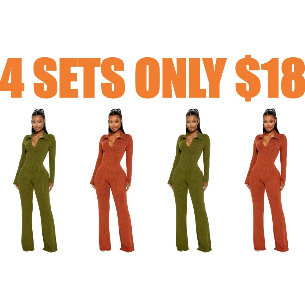 Ribbed Knit Collared Deep V Slim-Fit Set - Fashion Two-Piece with Flared Pants