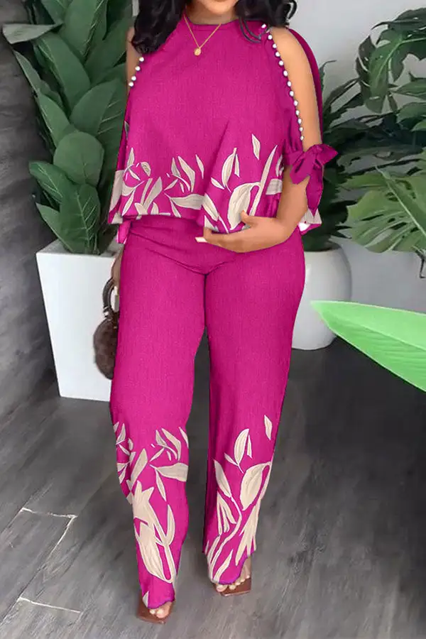 Leaf Print Elegant Beaded Decor Pant Suit