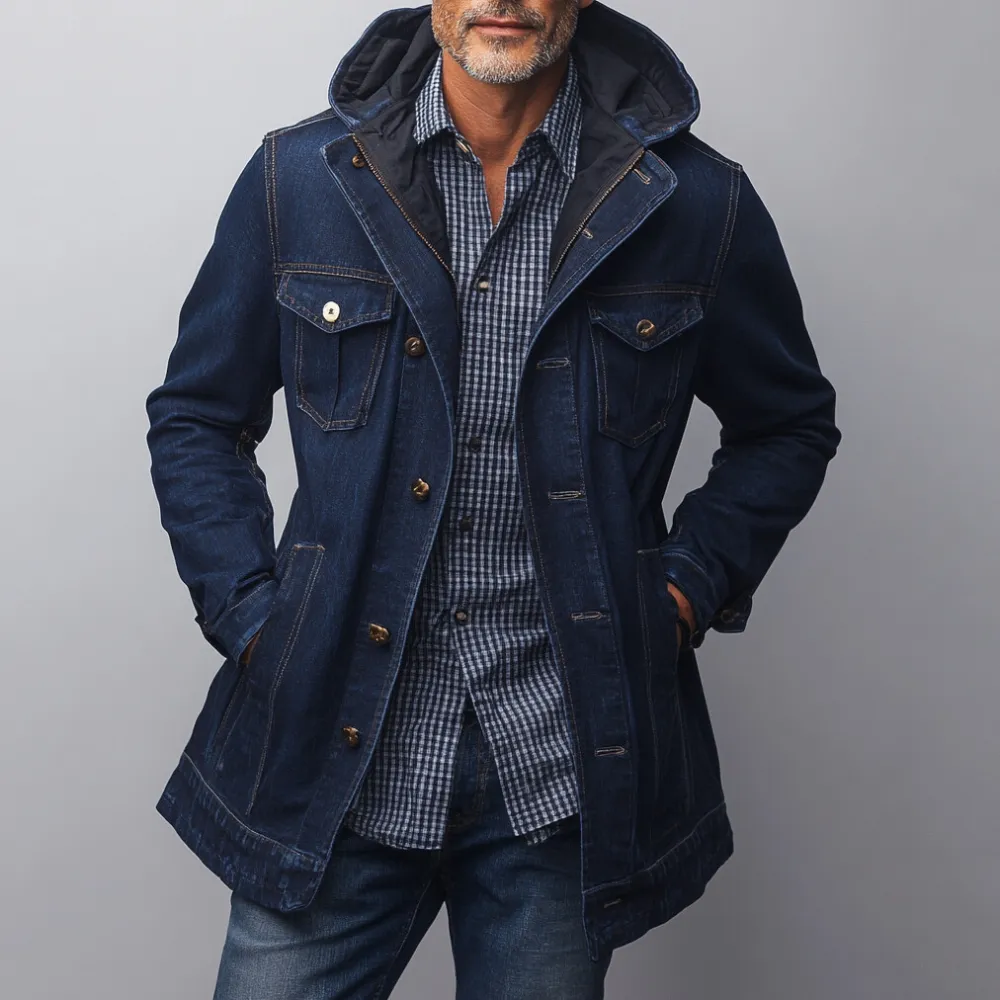 Men's Outdoor Single Breasted Pockets Denim Hooded Coat