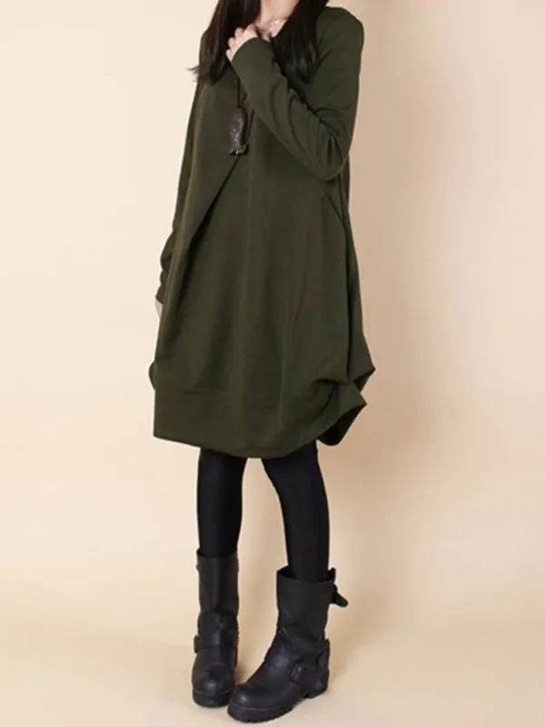 Original Loose Pleated 4 Colors Round-Neck Long Sleeves Short Dress