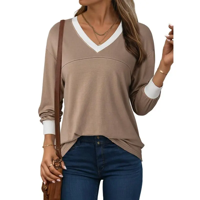 Women Blouses Dressy Casual Long Sleeve Shirts V Neck Color Block Tops Fall Outfits 2025