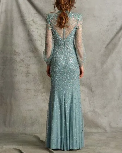 Fitted Beaded Long Sleeve Gown
