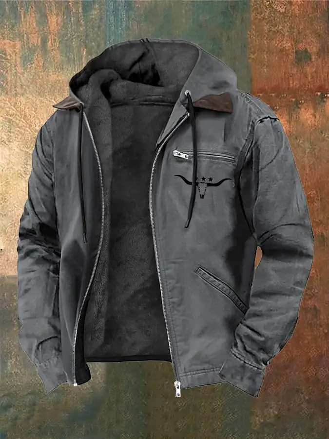 Men's Vintage Plush Western Bull Head Print Zipper Jacket
