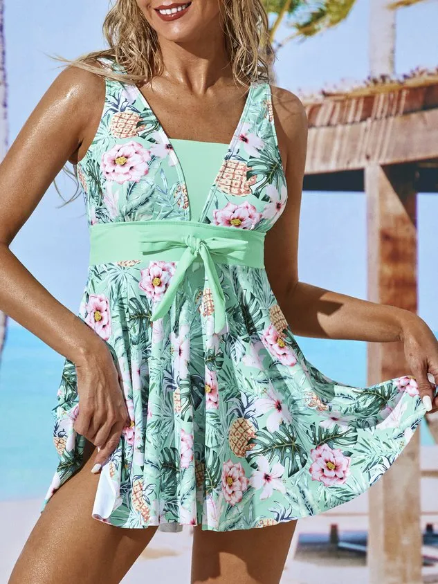 Vacation Floral Printing Scoop Neck Swimdress Two-Piece Set