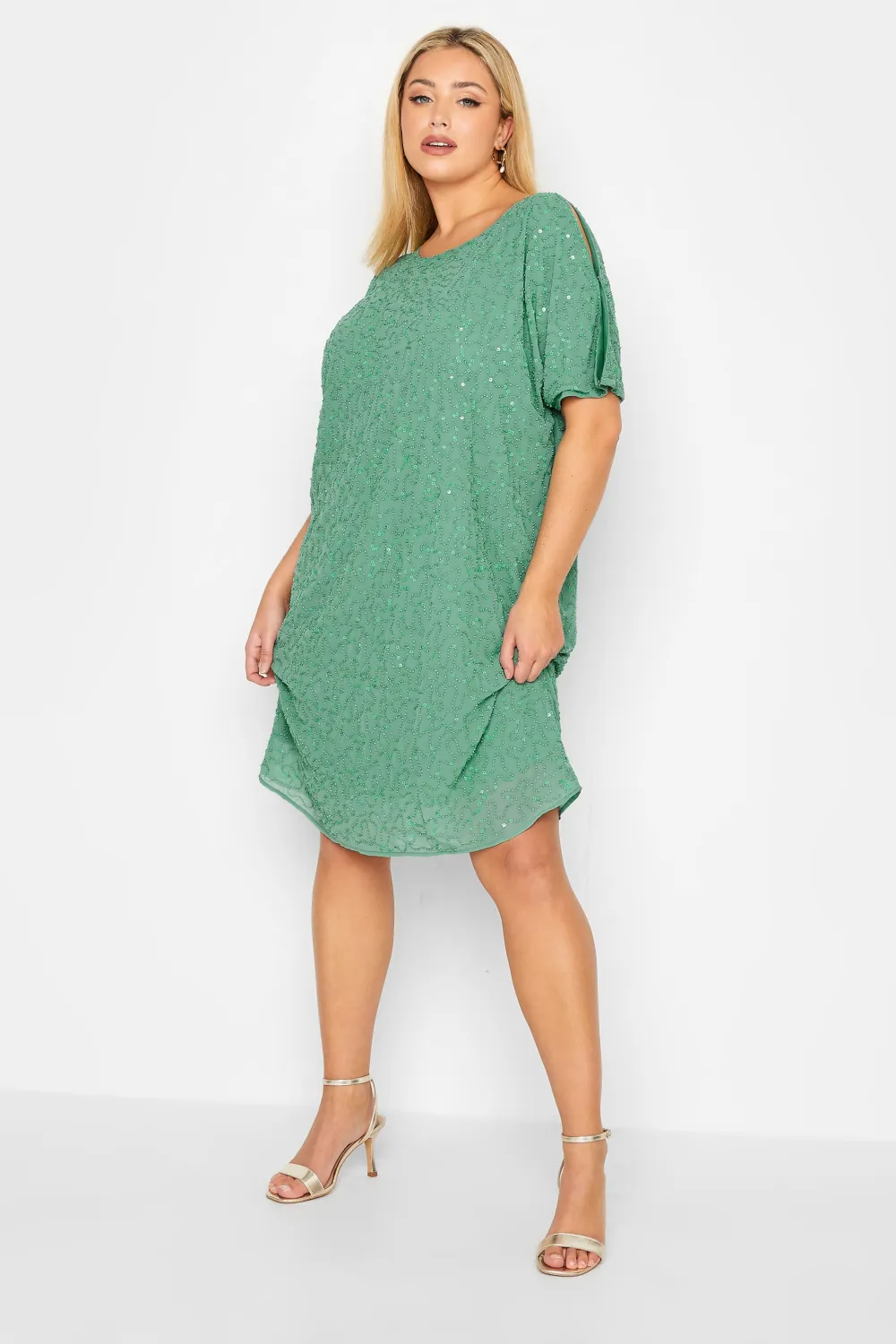 LUXE Curve Teal Green Sequin Hand Embellished Cape Dress