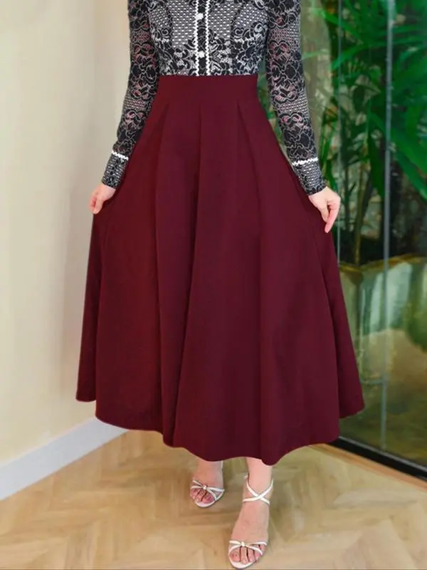 Women’s Pleated A-Line Skirt-High Waist, Zipper Back, Elegant Office Wear