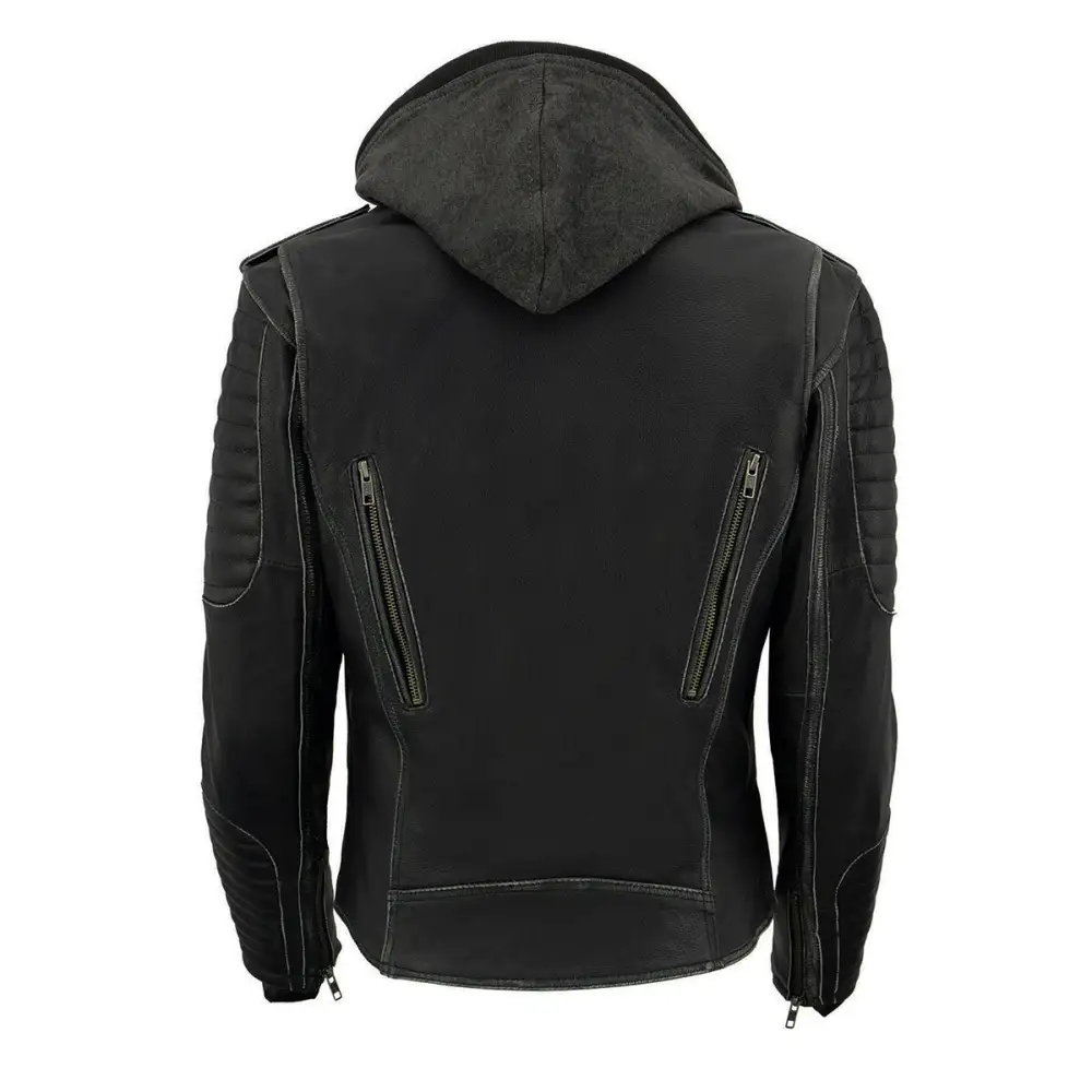 Leather MLL2516 Black Leather Rub-Off Leather Jacket with Hoodie for Women