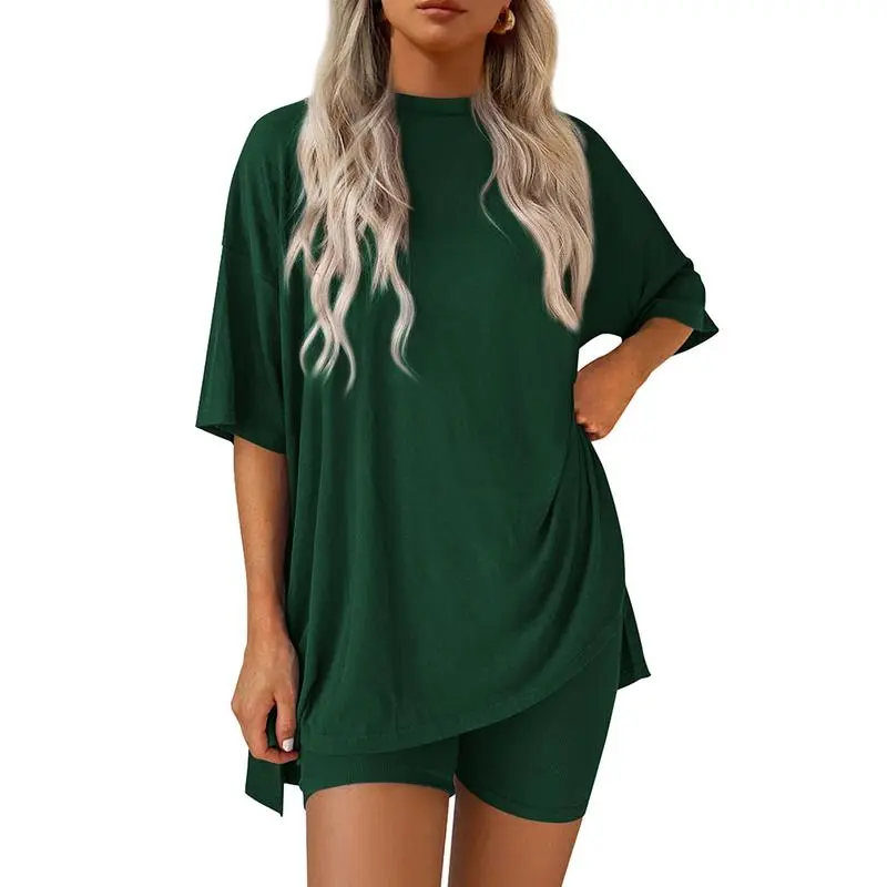 Women’s Oversized Lounge Set-Breathable Crewneck Top & Pocket Shorts