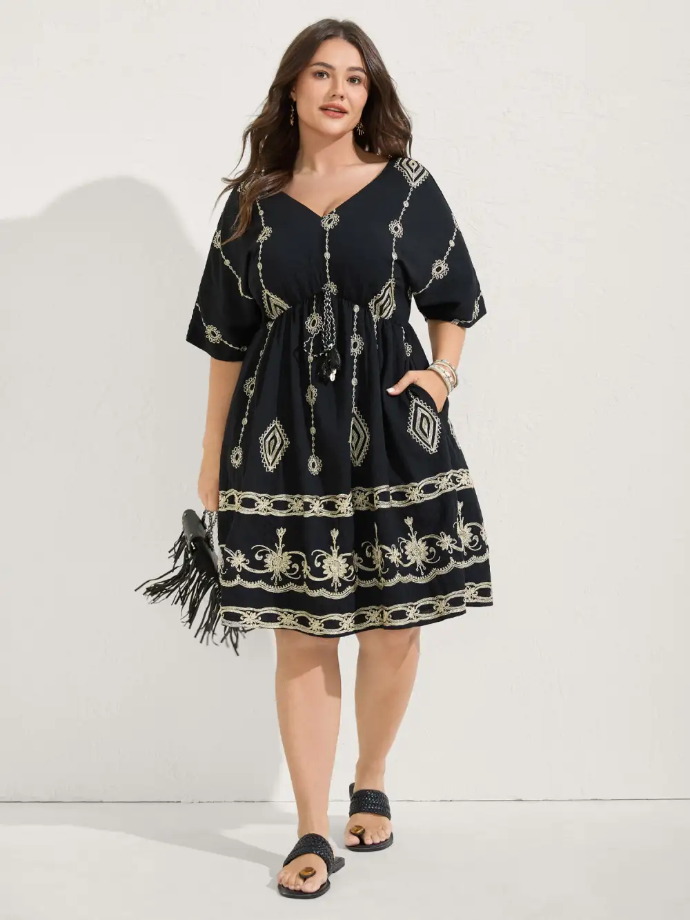 Boho Embroidered Waist Tie Midi Dress